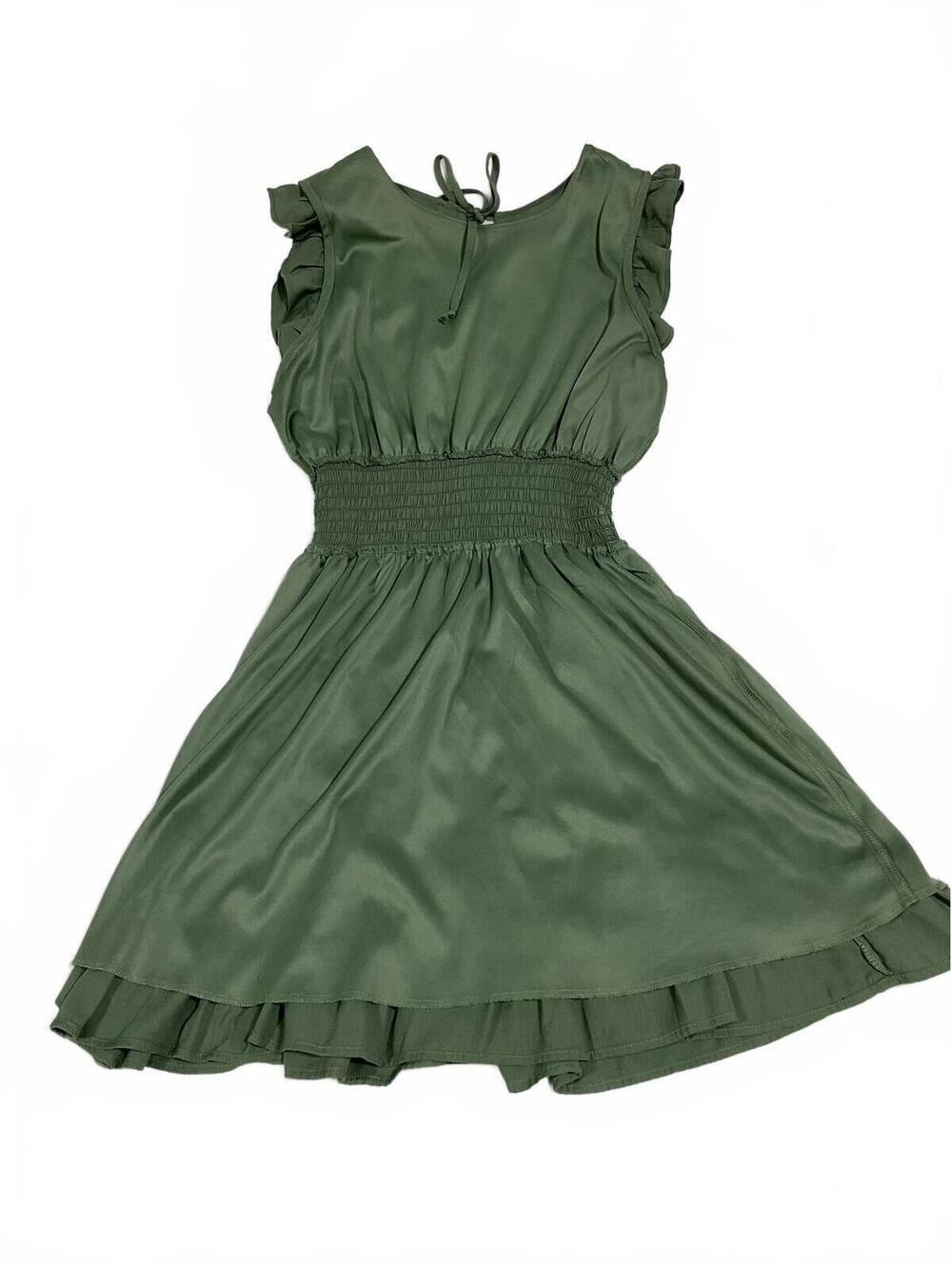 Trixxi Olive Green Ruffle Sleeve Dress with Smocked Waist, Size Large B31
